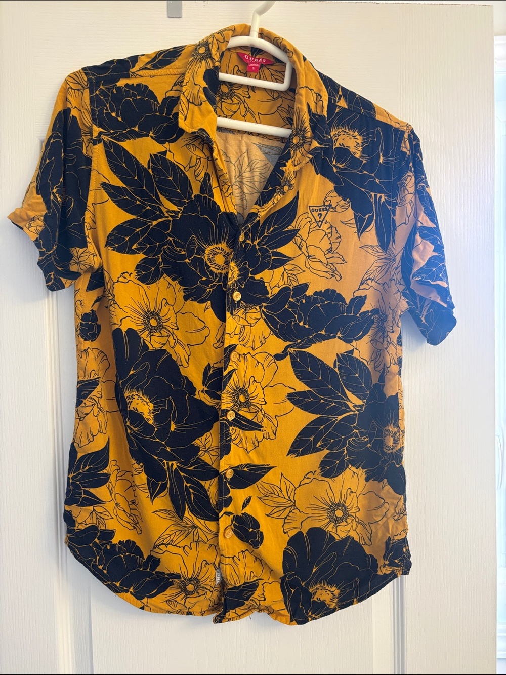 Guess Men's Short Sleeve Floral Button-Down - Mustard and Navy